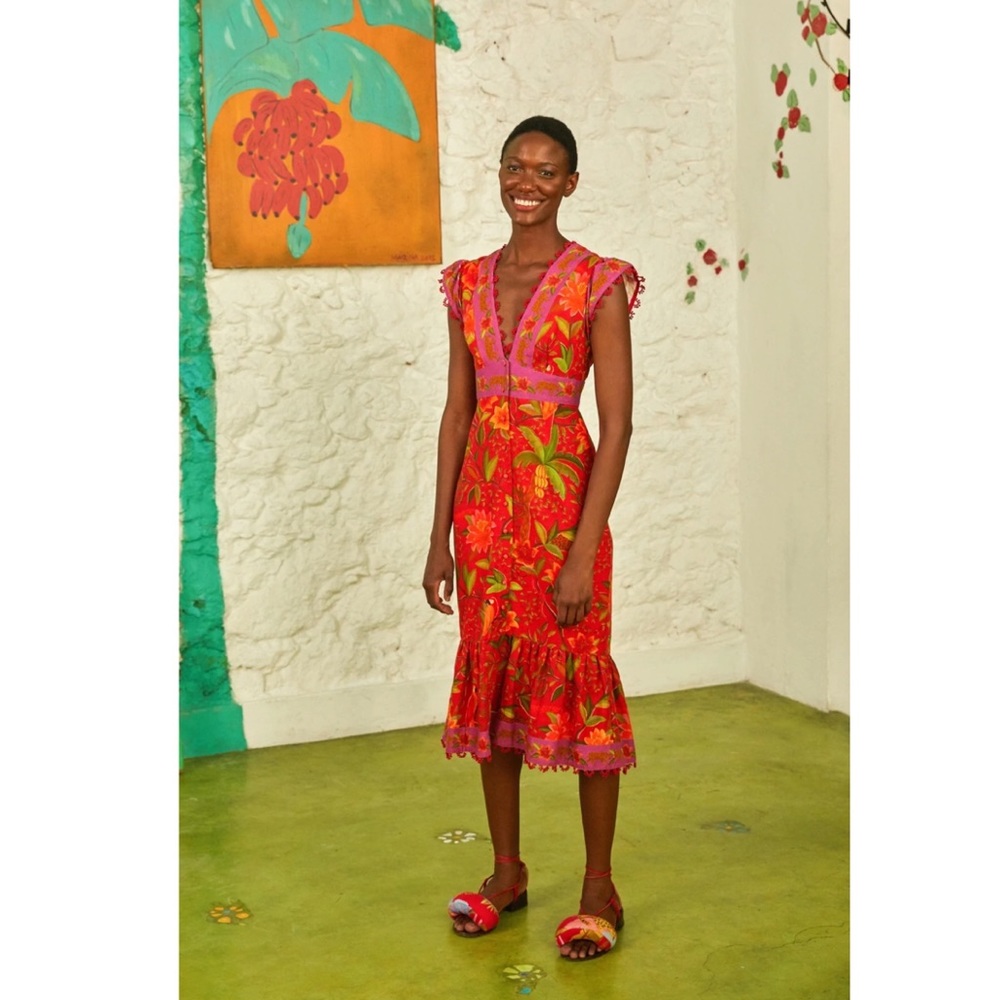 NWT Farm Rio Women Red Solar Forest Button Down Dress Size M